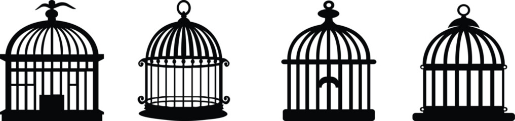 Bird cage icon set.Set of closed empty bird cage silhouette icon vector illustration design.Metal animal transport hanging prison cages. Depicted without birds symbol of freedom and space.
