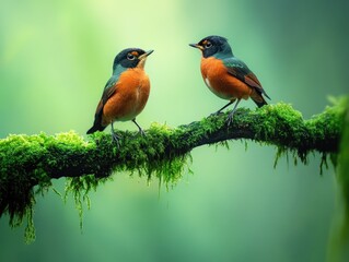 Fototapeta premium Two small birds with vibrant colors sitting on a lush green branch, surrounded by moss and ferns, depicting serene forest life.