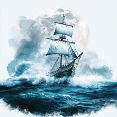 Obraz premium A majestic sailing ship navigates turbulent waves under a full moon, creating a dramatic and mystical seascape scene.
