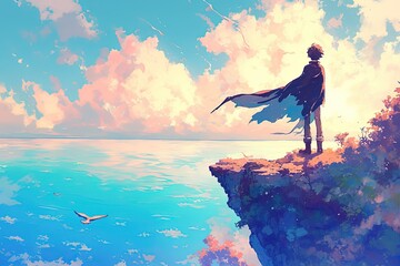 Obraz premium Person stands on cliff overlooking sea, bird flies, clouds in sky