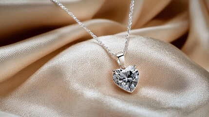 An elegantly staged close-up of a heart-shaped pendant necklace featuring a sparkling gemstone, artistically laid on a soft, textured fabric to enhance its visual appeal.