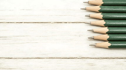 Obraz premium Group of Sharpened Green Wood Pencils Arranged on Textured White Wooden Surface in Studio Setting