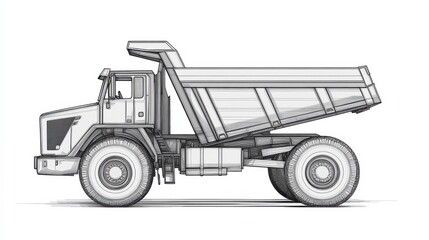 Detailed Outline of a Heavy-Duty Dump Truck in Side View