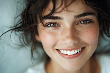 A close-up of a dentiste face with a reassuring smile,