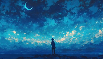 Person stands under crescent moon, stars in the night sky, use stock art