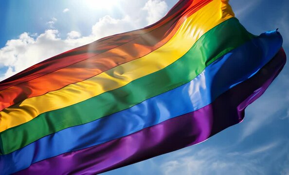 Pride flag waving against a clear sky during a celebration of diversity and acceptance