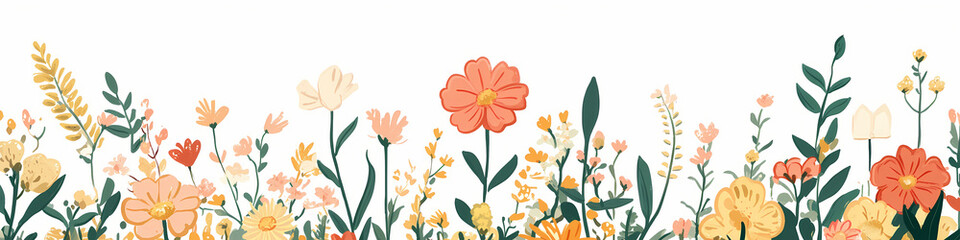 Colorful floral border with various wildflowers in bright tones. Generative AI