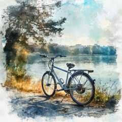 Fototapeta premium A bicycle parked on a scenic pathway beside a shimmering lake, surrounded by lush greenery and under a clear blue sky.