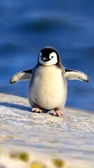 Naklejka premium Adorable Baby Penguin Taking Step On Beach