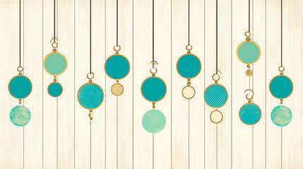 Fototapeta premium Hanging Ornaments Adorn Festive Wood Panel Background Charming Celebration Decor and Design Element