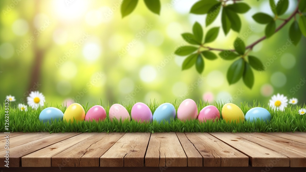 Poster An empty wooden rustic table for product display, a blurred Easter background of painted eggs and green grass and meadows