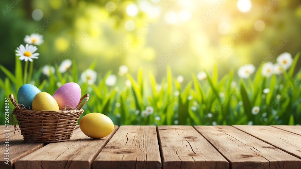 Poster an empty wooden rustic table for product display, a blurred easter background of painted eggs and gr