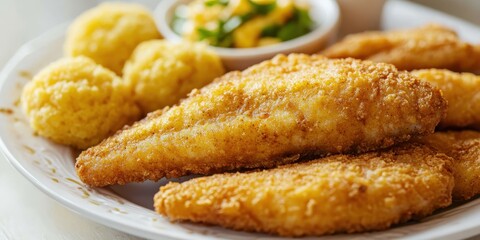 Golden fried fish fillets with creamy mashed potatoes on a dish