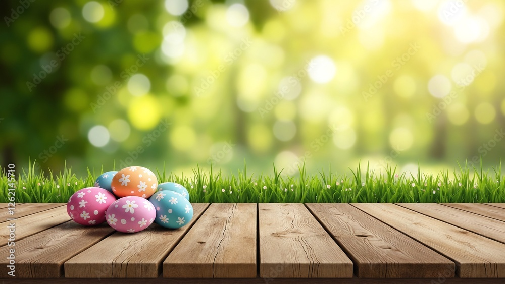 Poster an empty wooden rustic table for product display, a blurred easter background of painted eggs and gr