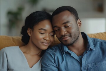 Obraz premium Young loving woman calming sad husband, sitting on sofa in living room. Reconciliation after quarrel, relationship problems, bad news reaction, support, Generative AI