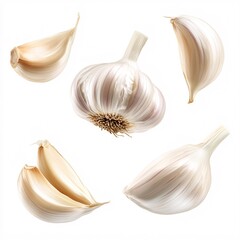 Fresh Garlic Bulbs and Cloves Isolated on White Background
