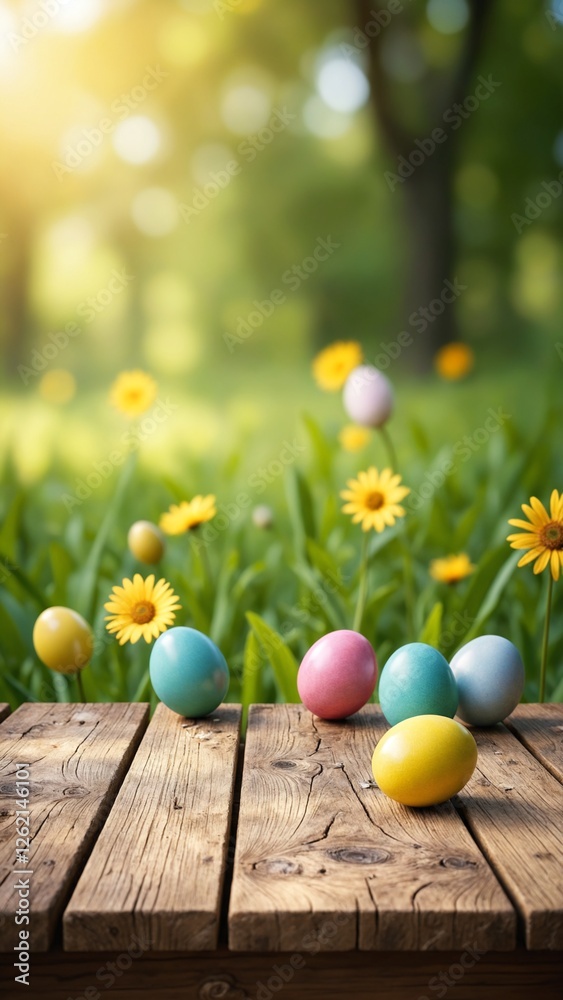 Aufkleber An empty wooden rustic table for product display, a blurred Easter background of painted eggs and green grass and meadows