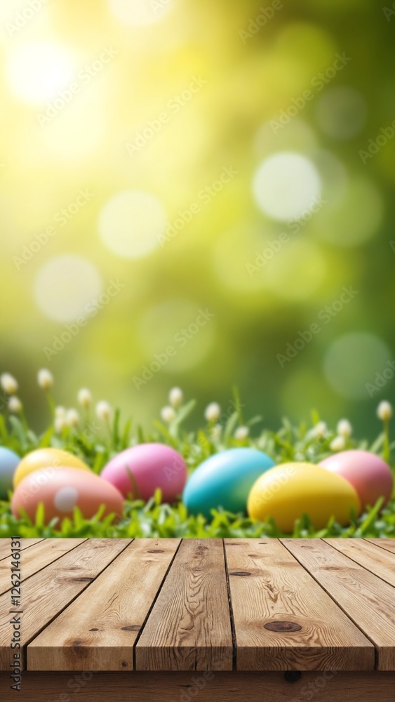 Poster an empty wooden rustic table for product display, a blurred easter background of painted eggs and gr