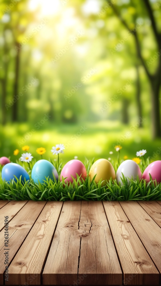 Aufkleber An empty wooden rustic table for product display, a blurred Easter background of painted eggs and green grass and meadows