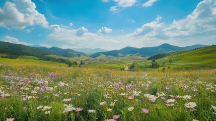 Summer mountain meadow wildflowers, village background; scenic nature wallpaper