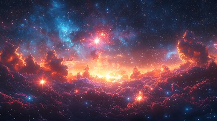 Naklejka premium Cosmic Cloudscape: A breathtaking vista of otherworldly clouds, swirling and glowing in vibrant hues of red and blue, with a constellation of twinkling stars. The scene evokes a sense of wonder.