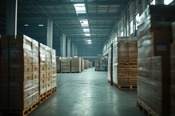 Large, organized warehouse filled with stacked pallets under industrial lighting.