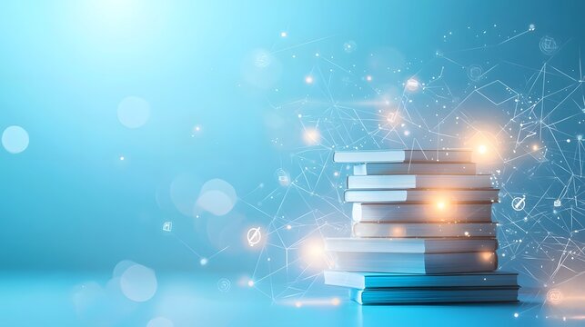 Glowing Digital Elements Representing Online Education and Courses on Clean Blue Background