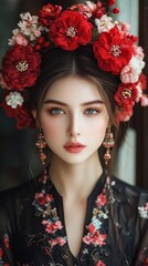 Portrait of Ethereal Woman with Red Floral Headpiece in Traditional Attire, Expressive Eyes, Delicate Jewelry, Dramatic Lighting, Spring Aesthetic, Cultural Themes, Beauty and, Generative AI