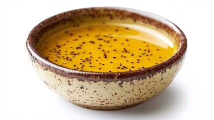 Olive Oil in Rustic Bowl with Spices and Seasoning on White Background