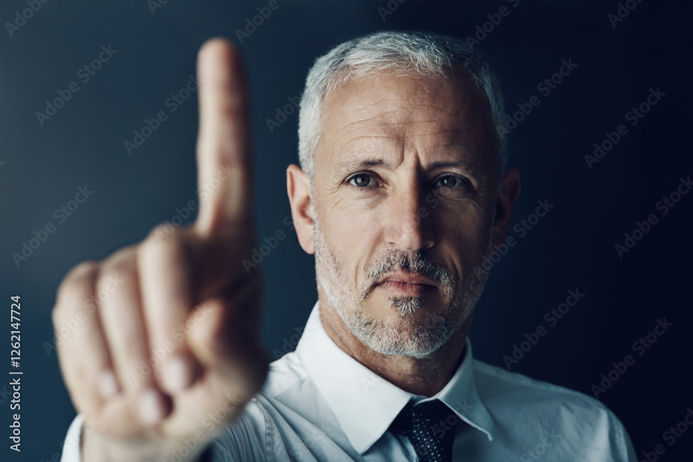 Poster man, touch or interaction with finger for business, user experience or intuition on studio backgroun