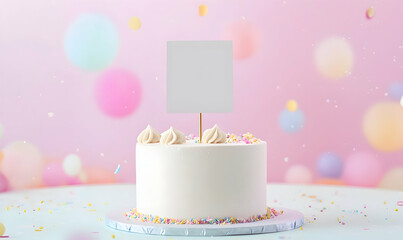 Blank cake topper standing on a white fondant cake with a pastel background for branding purposes.