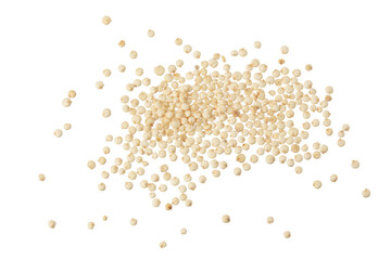 white quinoa seeds isolated on white background. Top view. Flat lay.