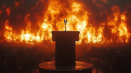 photo of a podium and microphone against a fiery backdrop