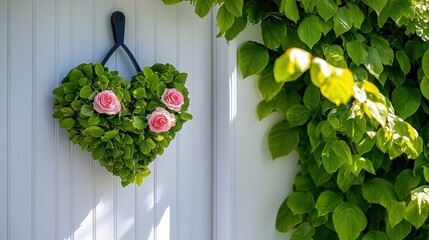 Heart Shaped Wreath Adorns White Door With Roses