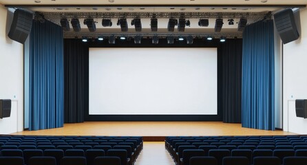 Empty theater with stage and large projection screen