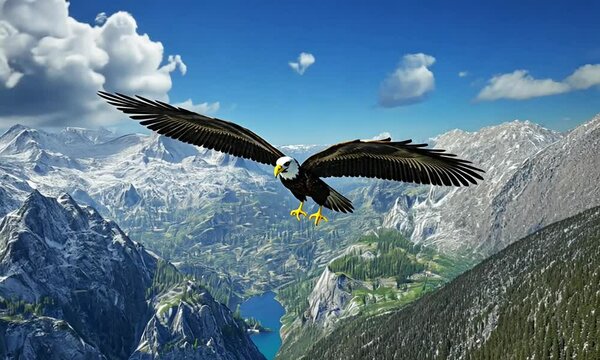 Majestic eagle soaring over a breathtaking mountain landscape with a serene lake in the background