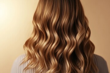 Fototapeta premium Flowing wavy hair cascades elegantly, illuminated by soft golden