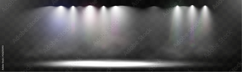 Poster Spotlight stage background with fog and transparent effect. Realistic illuminated empty scene with dramatic lighting.