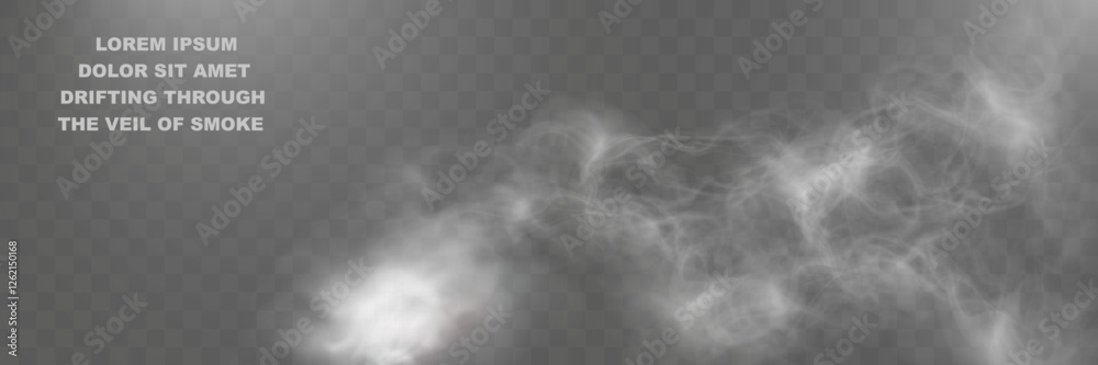 Poster realistic white smoke or mist effect with soft, swirling patterns on a transparent background. perfe