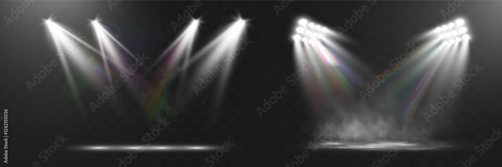 Aufkleber Spotlight stage background with fog and transparent effect. Realistic illuminated empty scene with dramatic lighting.