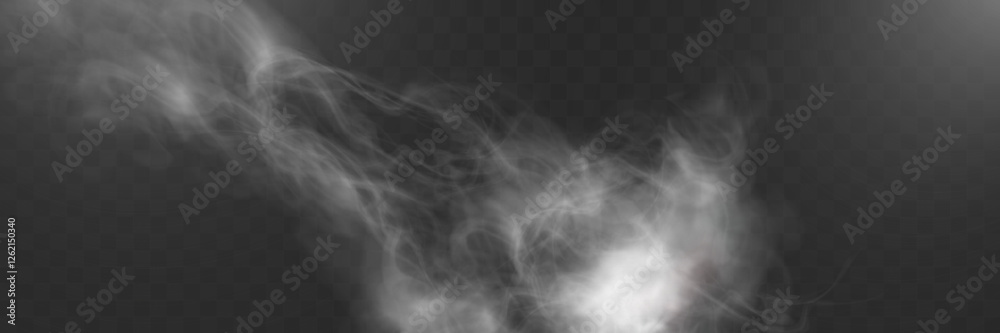 Poster realistic white smoke or mist effect with soft, swirling patterns on a transparent background. perfe