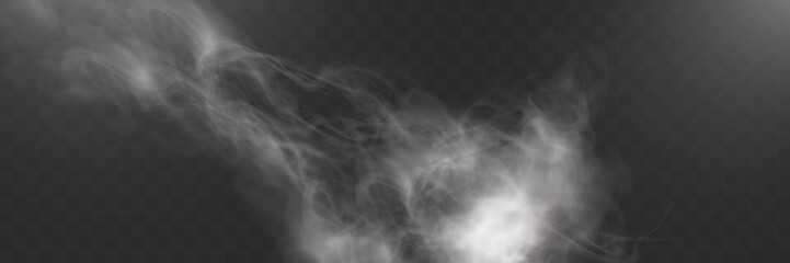 Realistic white smoke or mist effect with soft, swirling patterns on a transparent background. Perfect for overlays and atmospheric designs.	