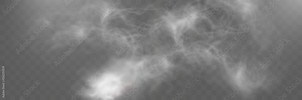 Poster Realistic white smoke or mist effect with soft, swirling patterns on a transparent background. Perfect for overlays and atmospheric designs.	
