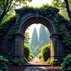 Fototapeta premium Archway covered in ivy leading to a lush garden