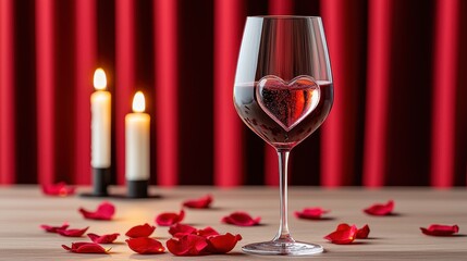 Romantic Red Wine Glass Heart Candles Rose Petals