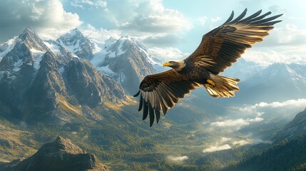 Fototapeta premium Majestic eagle soaring high above a rugged mountain range