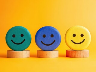 Digital feedback icons floating above a keyboard, symbolizing customer ratings