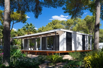 Modern Prefab Home Design: Sustainable Architecture with Black Shutters, Nestled in Lush Greenery Under Blue Skies