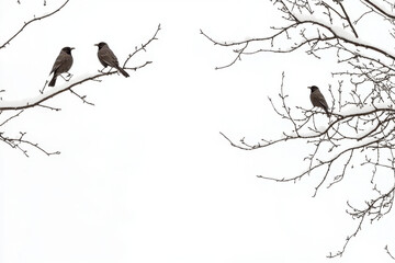 Three birds perched on bare branches against a white winter sky, creating a serene and minimalist composition.