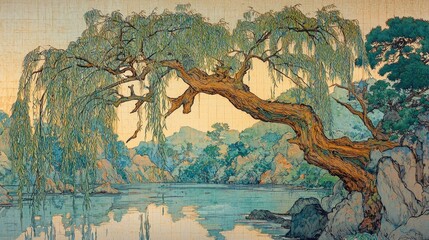 Naklejka premium A peaceful pond surrounded by lush greenery with overhanging willow branches. Water lilies float on the surface, and sunlight filters through the leaves, creating a serene nature scene. Generative AI